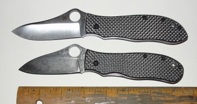 Unaltered GB1 on top, my patina'd 3&quot; modified blade, rounded butt and release access opened up on bottom