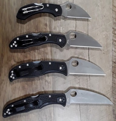 The RockJumper (3rd from top) compared to the Dragonfly 2 Wharncliffe (top), Delica 4 Wharncliffe (2nd from top), and Endura 4 Wharncliffe (bottom)